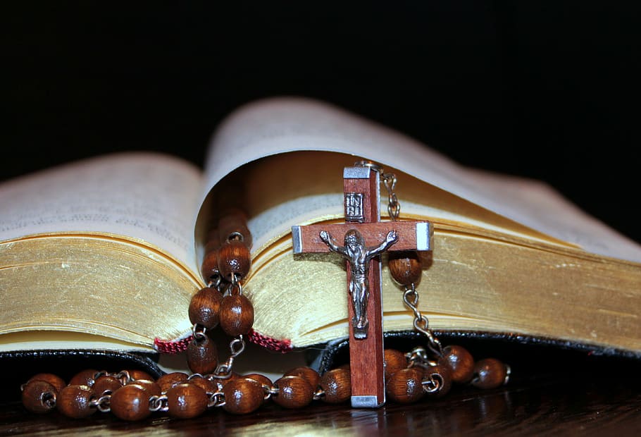 brown, rosary, open, bible, cross, prayer book, gold edge, pages, christianity, faith