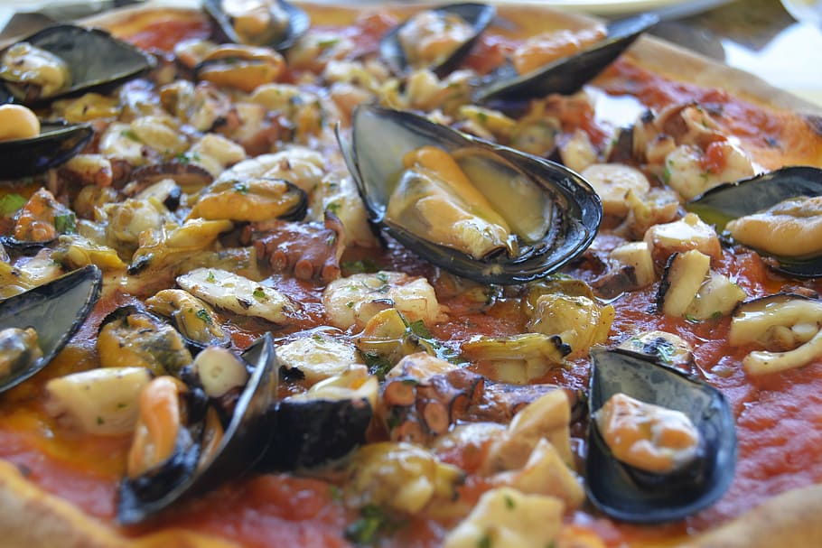 pizza, food, cheese, seafood, mussels, tomato, meal, dinner, gourmet, baked