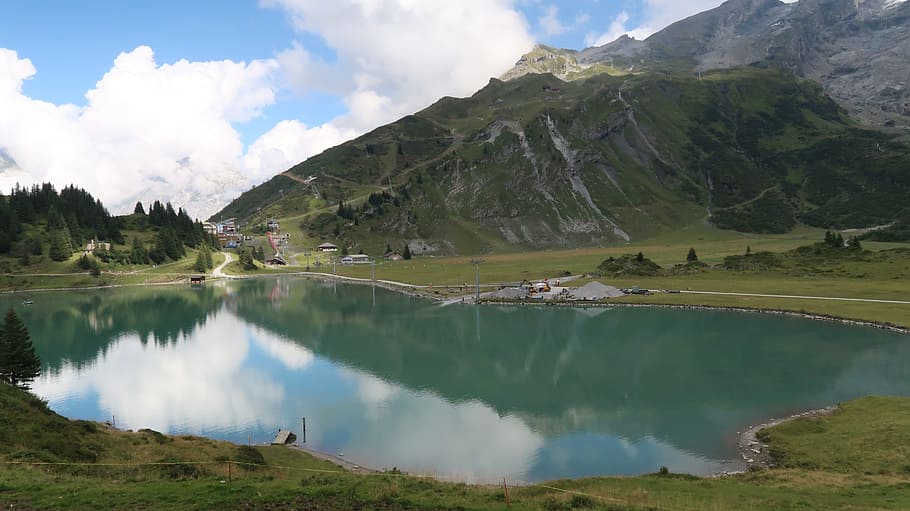 swiss, titlis, alps, trubsee, mountain, water, scenics - nature, beauty in nature, reflection, sky