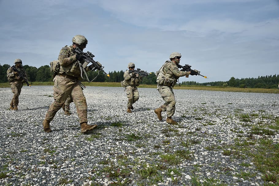 soldiers, holding, rifles, walking, grass, army, helicopter, training, exercise, combat