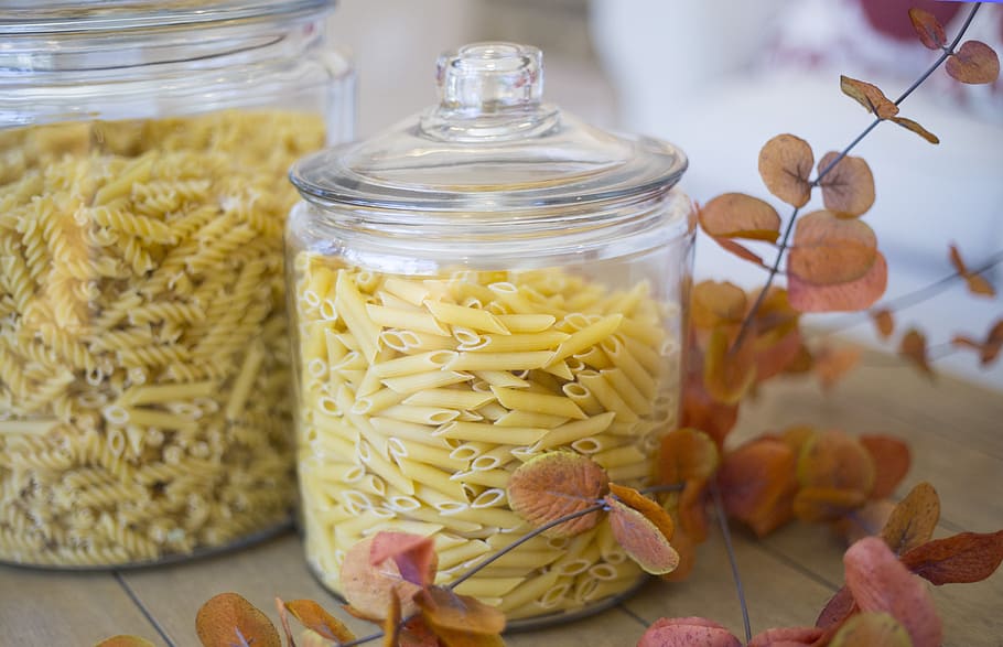 pasta, glass canister, brown, wooden, surface, glass jar, cooking, food, kitchen, containers