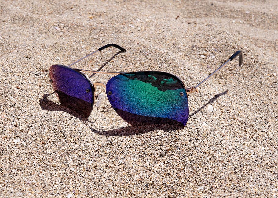 green, flash, tinted, aviator-style sunglasses, sand, sunglasses, beach, sun, holiday, summer
