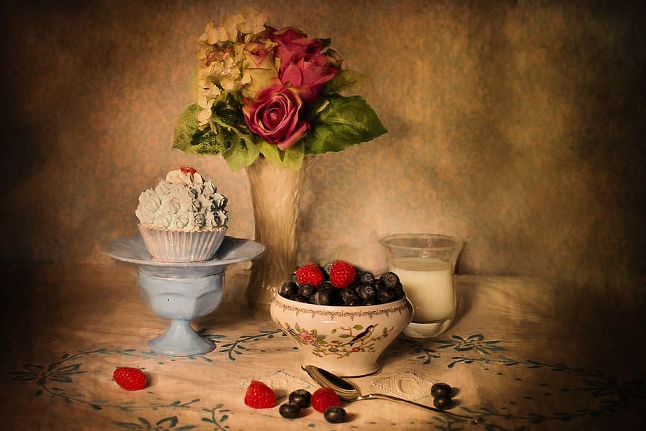 still life painting, still-life, blueberries and cream, table setting, fruit, food, red, freshness, dessert, raspberry