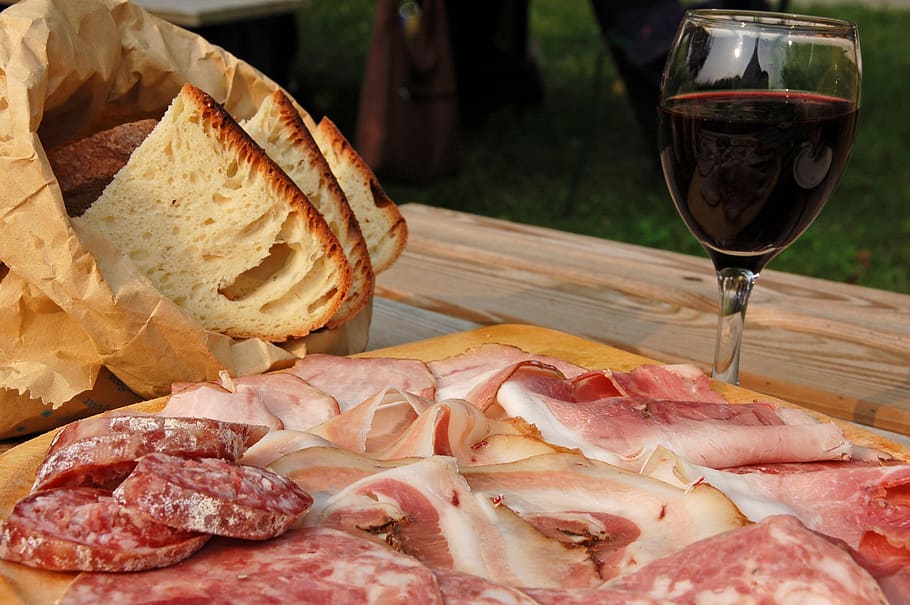 cold cuts, salami, ham, wine, bread, chopping board, food, food and drink, freshness, meat