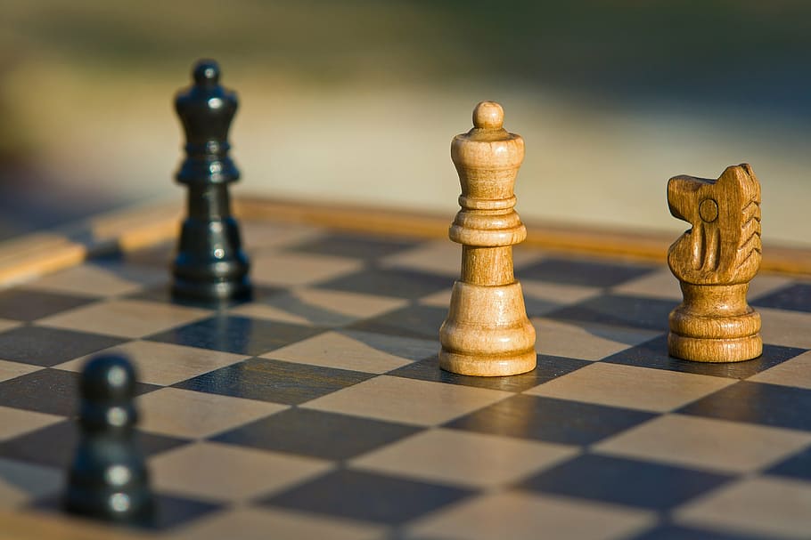 dos, negro, marrón, piezas de ajedrez, ajedrez, figura, juego, jugar, tablero, tablero de ajedrez