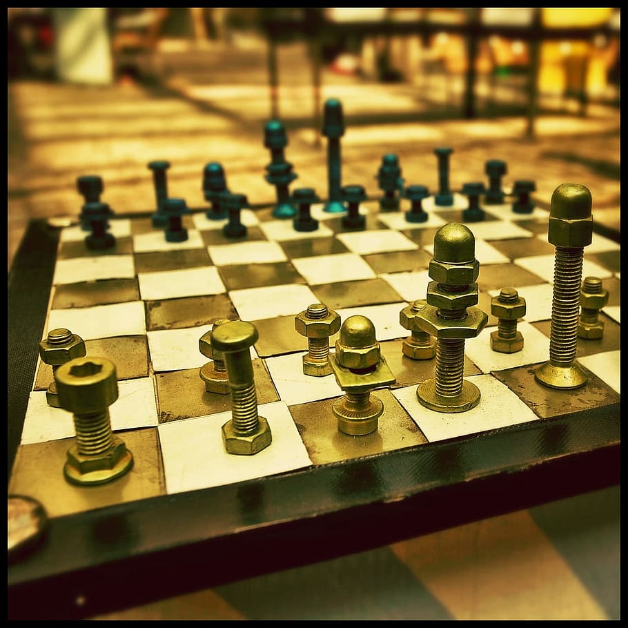 primer plano, foto, nudos tablero de ajedrez, ajedrez, metal, urbano, estrategia, juegos de ocio, negocios, liderazgo