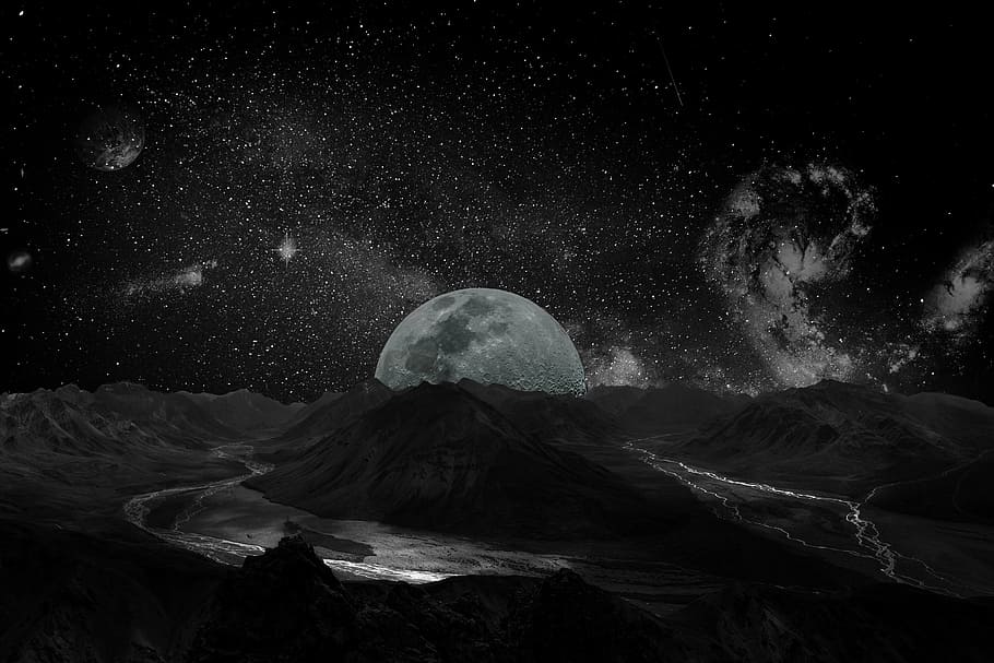 photography of mountain, moon, universe, space, milky way, background, galaxy, planet, cosmos, star