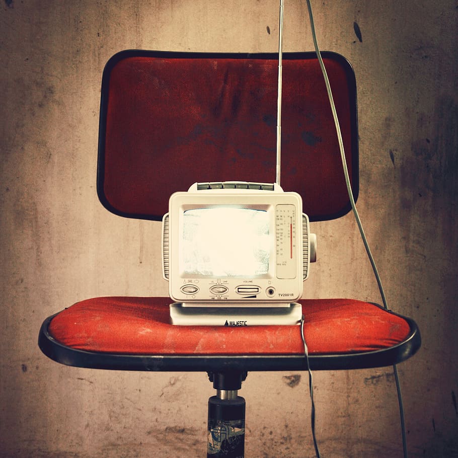 white, crt television, red, chair, radio, television, grunge, media, portable, tv