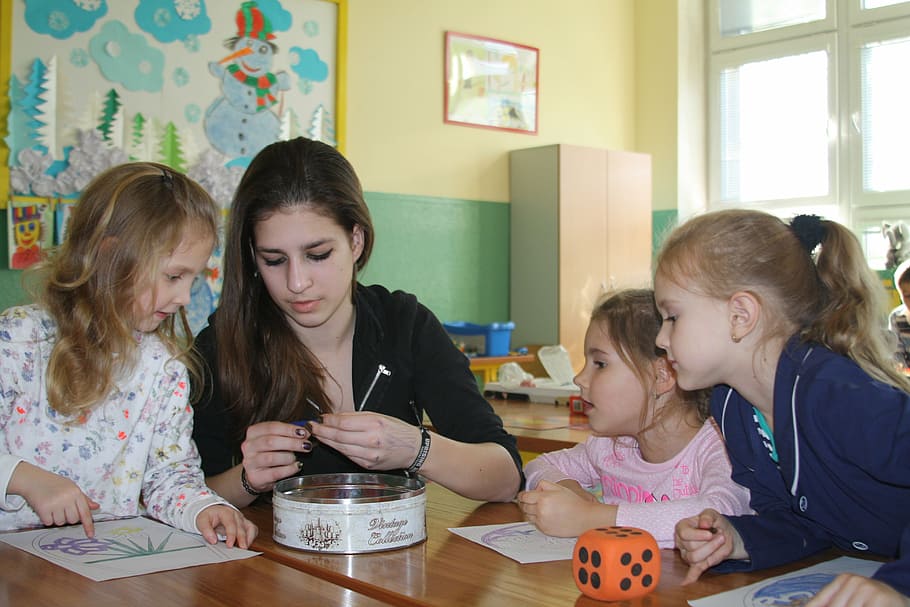 woman teaching children, inside, classroom, school, the pupil, game, drawing, girls, childhood, child