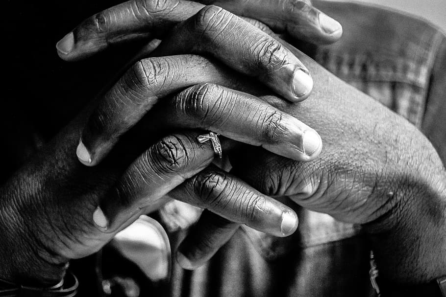 person, holding, hands grayscale photo, hands, clasp, pray, people, ring, still, bokeh