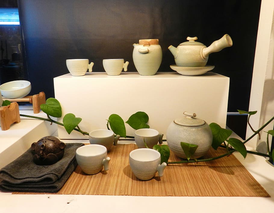 taza, juego de té, escena, adentro, cerámica, nadie, contenedor, mesa, material de madera, estante