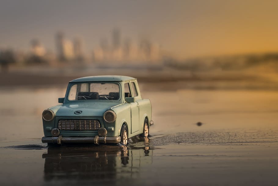 miniature, car, beach, on the beach, various, outdoors, old-fashioned, land Vehicle, sunset, dusk