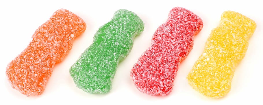 four, yellow, green, red, orange, jelly candies, candy, sugar, sweet, unhealthy