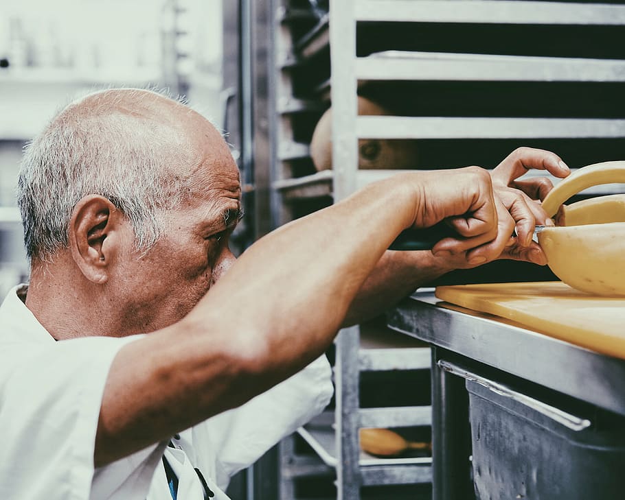 man, white, top, baking pastry, people, old, baker, restaurant, bakeshop, pastries