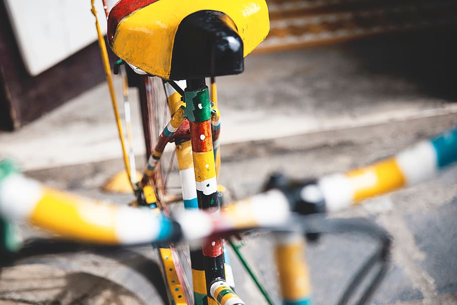 bicicleta, amarelo, bokeh, esporte, passatempo, exercício, dia, close-up, foco seletivo, transporte