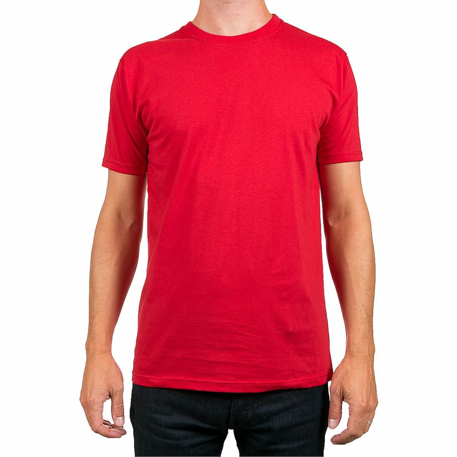 homem, vermelho, camiseta de gola redonda, preto, calças de baixo, planície, modelo, lona, ​​t-shirt, homens