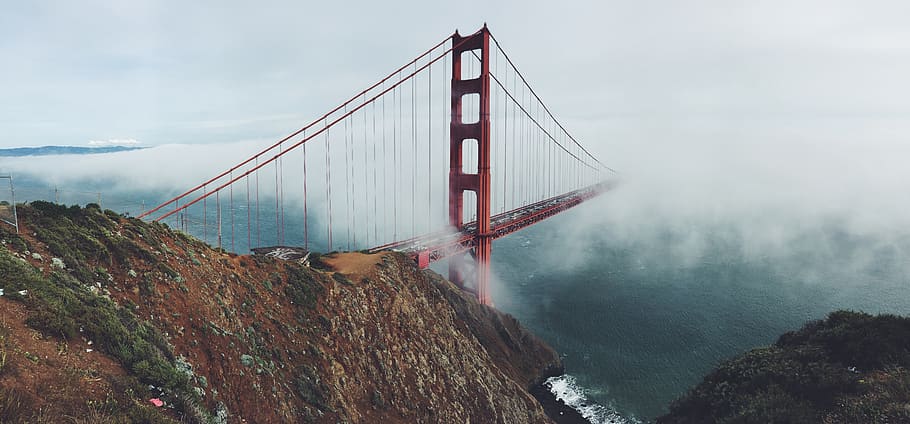 Golden Gate Bridge, San Francisco, architecture, water, sea, sky, clouds, fog, hill, cliff