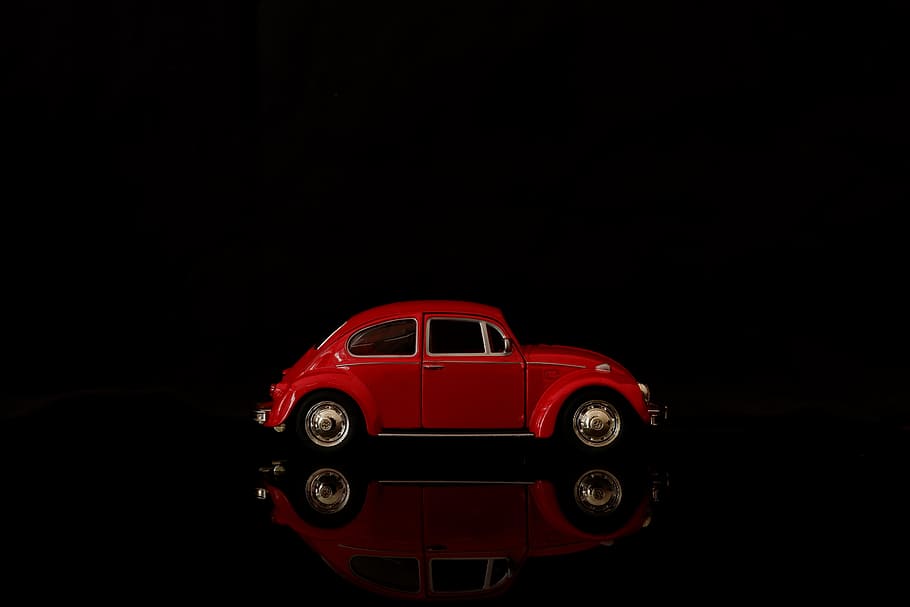 red, volkswagen beetle scale model, car, toy, side view, classic, retro, vintage, fun, funny