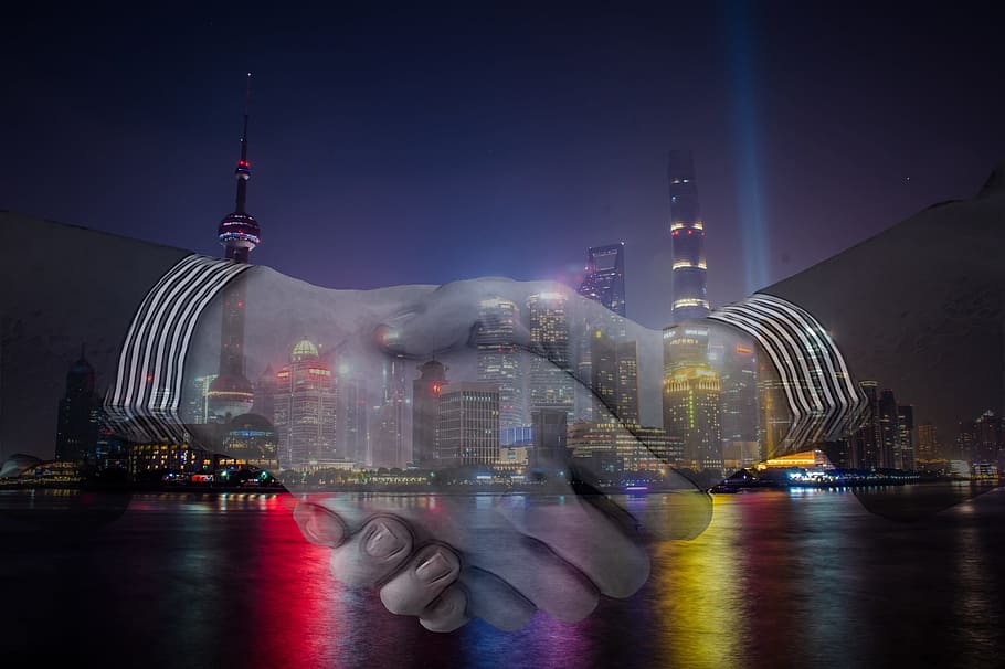 建物, ボディ, 水, 握手, ビジネス, 手, ビジネスハンドシェイク, シェイク, 上海, 中国
