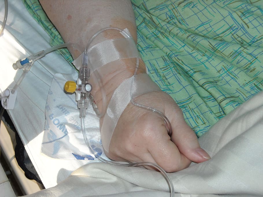 person, lying, hospital bed, intravenous, hand, wrist, hospital, medical, patient, illness