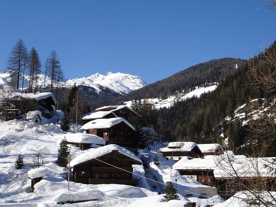 Bergdorf, Montanha, Cabanas, Tirol do Sul, cabanas de montanha, vila, alpino, val d'ultimo, itália, neve