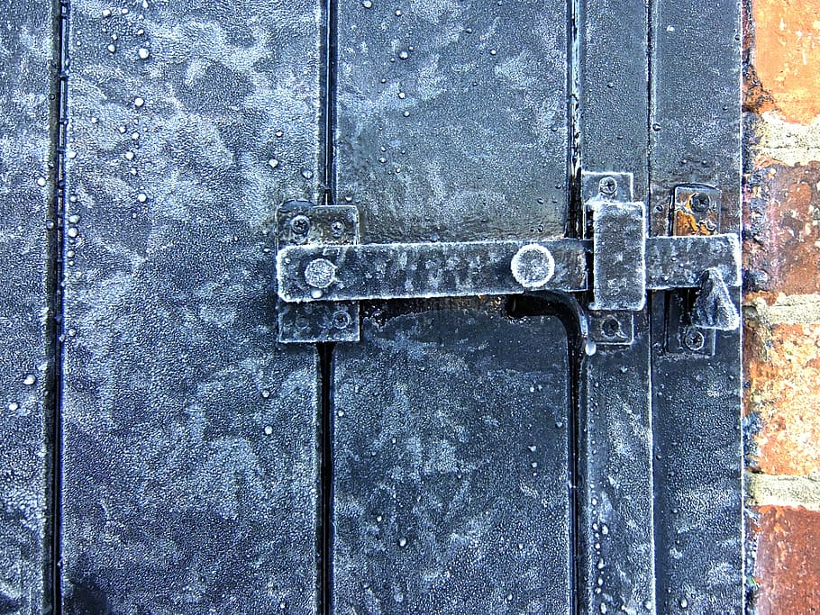 Frost, Icy, Lock, Bolt, Door, Shed, outhouse, brick, wood, latch