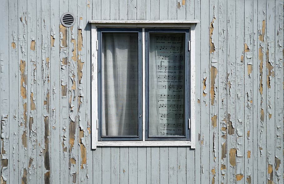 sliding glass window, window, exfoliation, paint, the façade of the, old house, wall, repair, frame, blinds