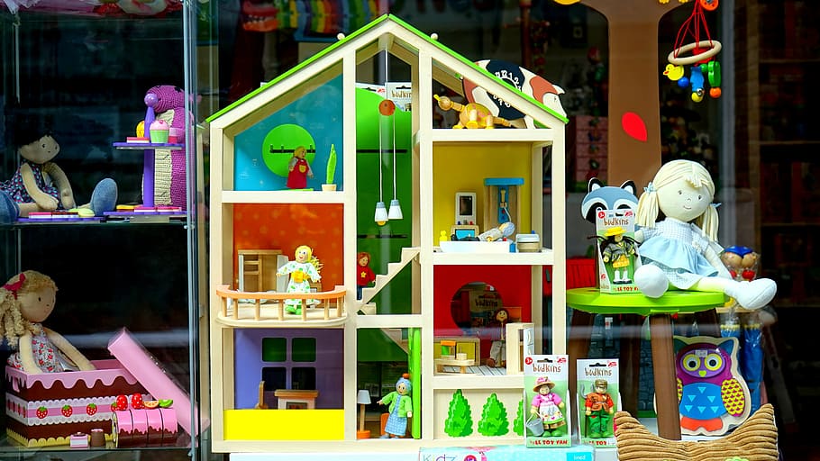 white, wooden, 3-storey, 3- storey doll house, building, business, design, display, interior, light