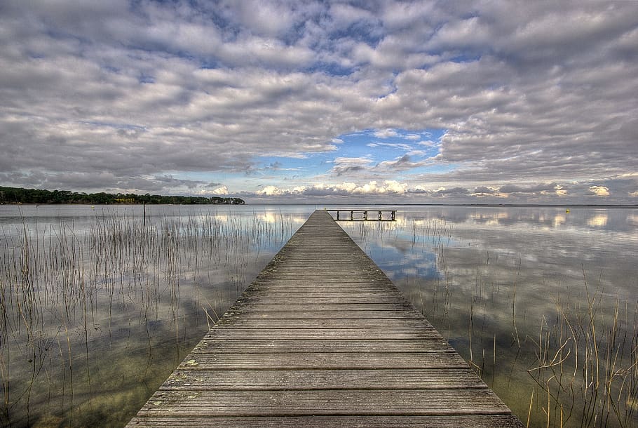 pontoon, lake, landscape, water, nature, clouds, sky, reflection, hourtin, france