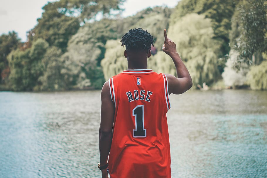 people, red, jersey, basketball, player, one, nature, lake, water, trees