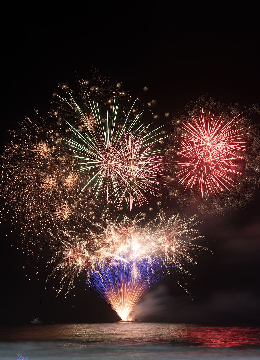 new year, fireworks, celebration, party, explosion, sparkler, night, sea, firework, motion