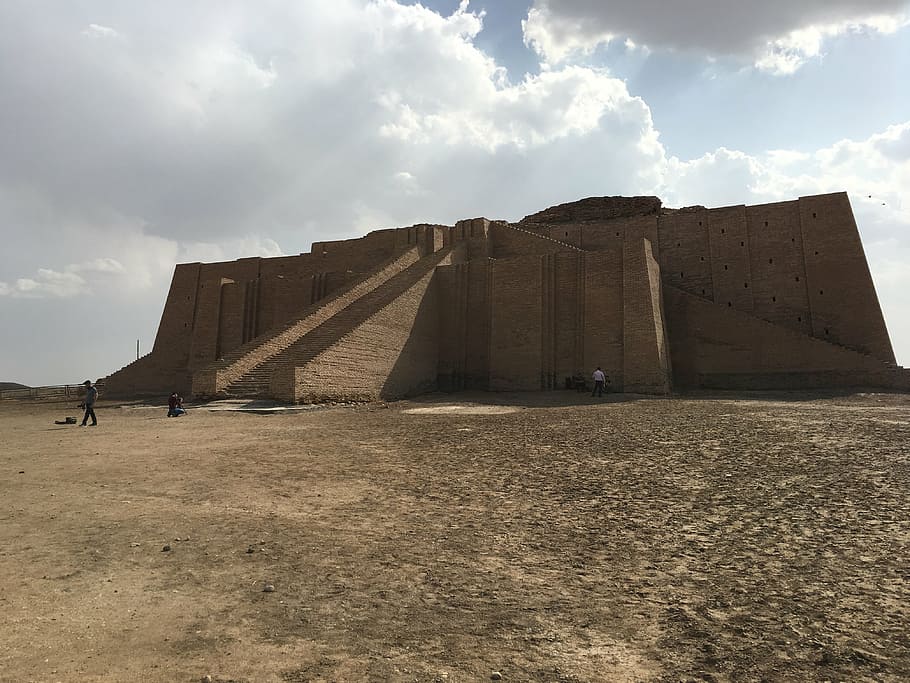 brown, building, blue, sky, clouds, daytime, ziggurat, iraq, old, antique