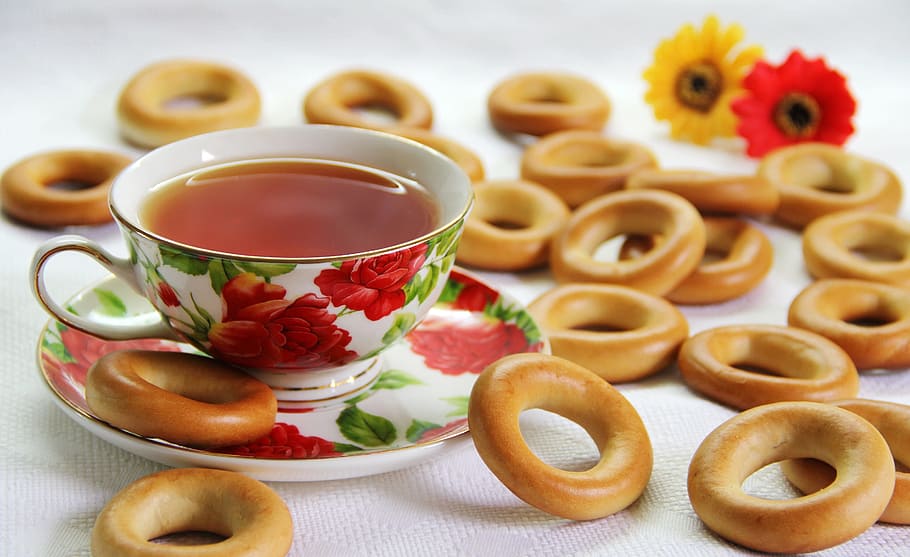 brown, donuts, white, textile, bagel, dry, tea, cup, breakfast, morning