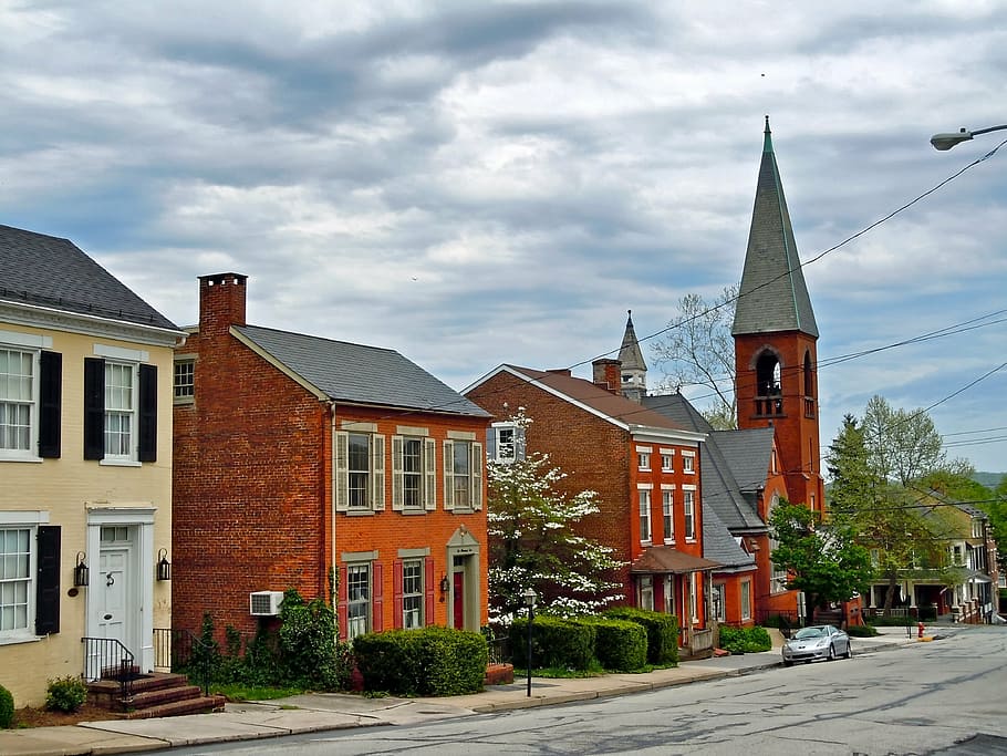 wrightsville, pennsylvania, town, church, buildings, architecture, street, skyline, scenic, trees