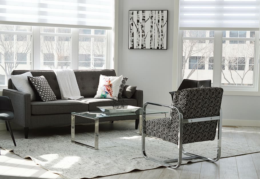 tufted, gray, fabric sofa, set, coffee table, living room, condo, house, apartment, home