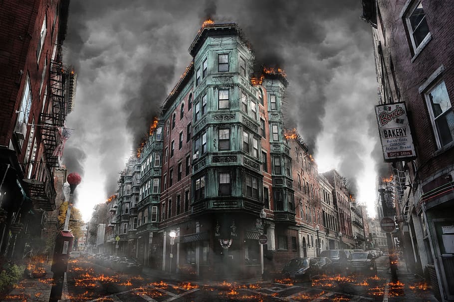 verde, beige, edificio, fuego, guerra, destrucción, armageddon, desastre, apocalíptico, infierno