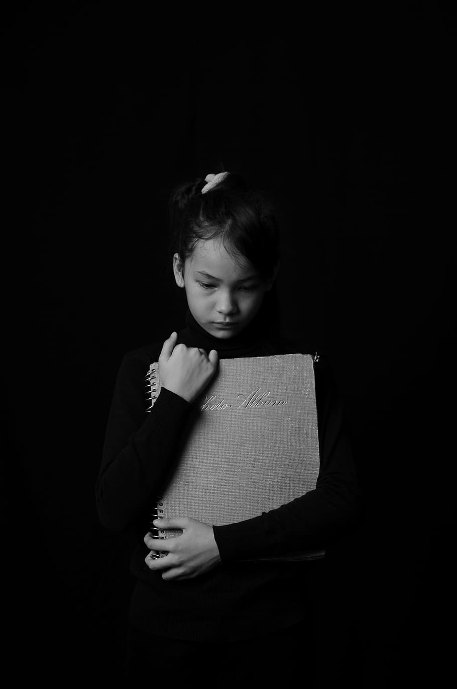 girl, holding, photo album, art, black, black-and-white, child, dark, despair, eye