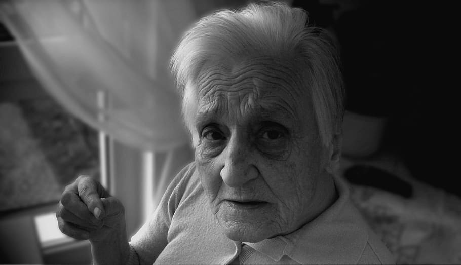grayscale photo, man, white, polo shirt, dependent, dementia, woman, old, age, alzheimer's