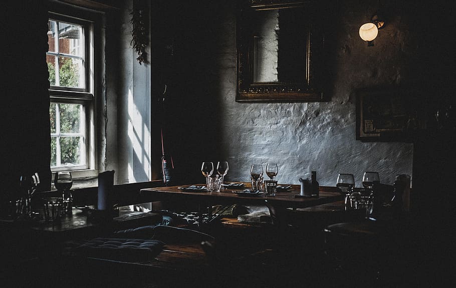 dark, restaurant, table, setup, drink, wine, glass, frame, window, mirror