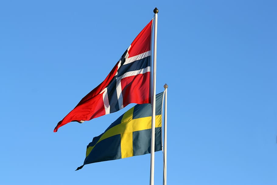 banderas, sueco, noruego, bandera de suecia, bandera, patriotismo, ambiente, rojo, cielo, agitando