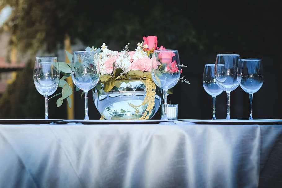 clear, wine glasses, red, rose, flower arrangement, table, outdoors, daytime, decoration, cups