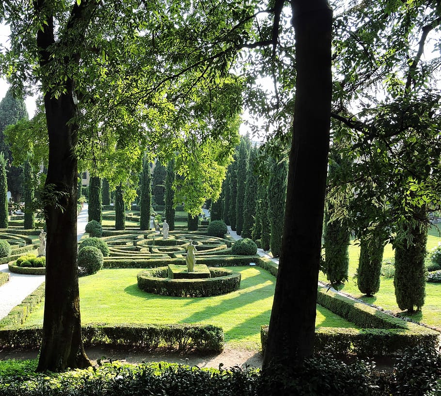 Garden, Grass, Statue, Tree, green, verona, giusti garden, italy, tree trunk, tranquil scene