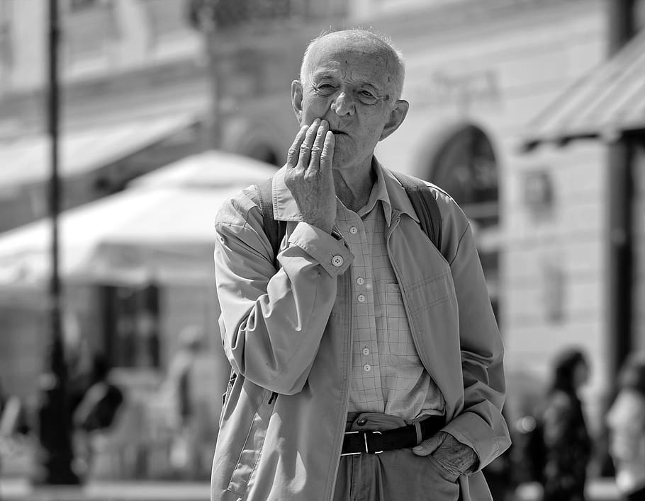 man, old, confused, angry, thinker, street, in the age, people, tourists, buildings