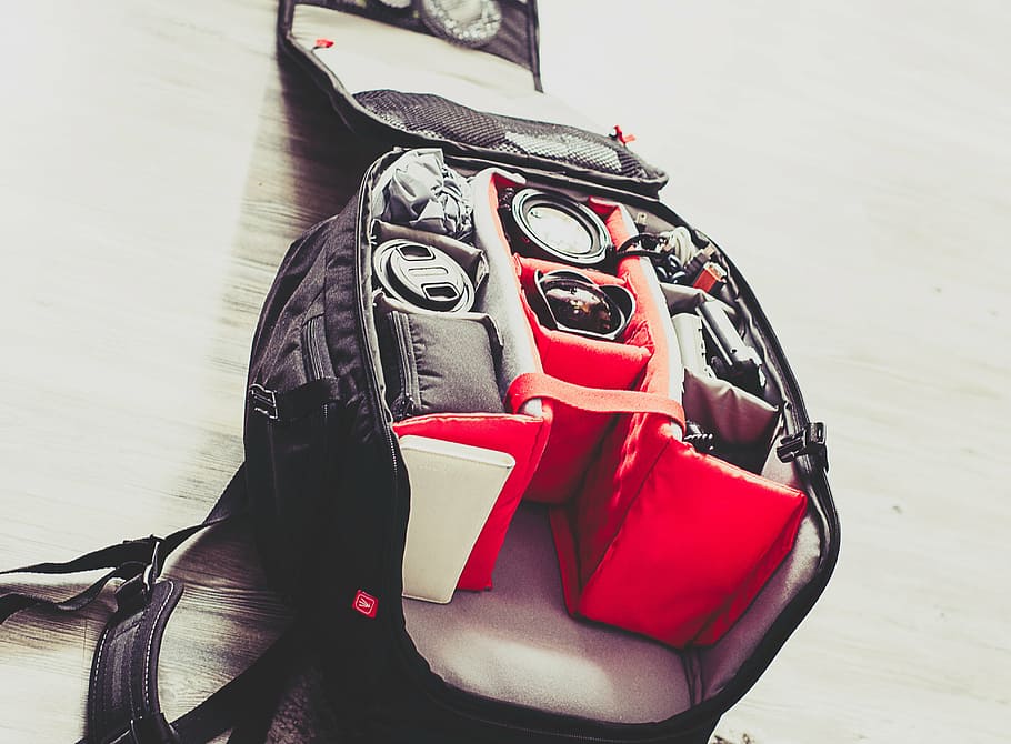 black, camera bag, gray, surface, assorted, camera, lenses, bag, backpack, gear
