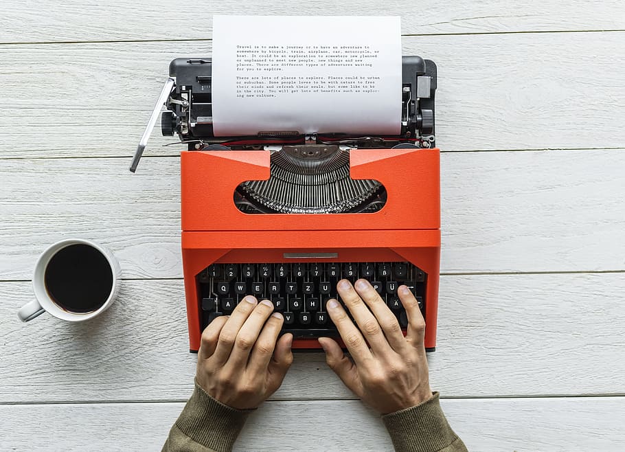 person using typewriter, paper, equipment, aerial, analog, analogue, author, background, beverage, caffeine