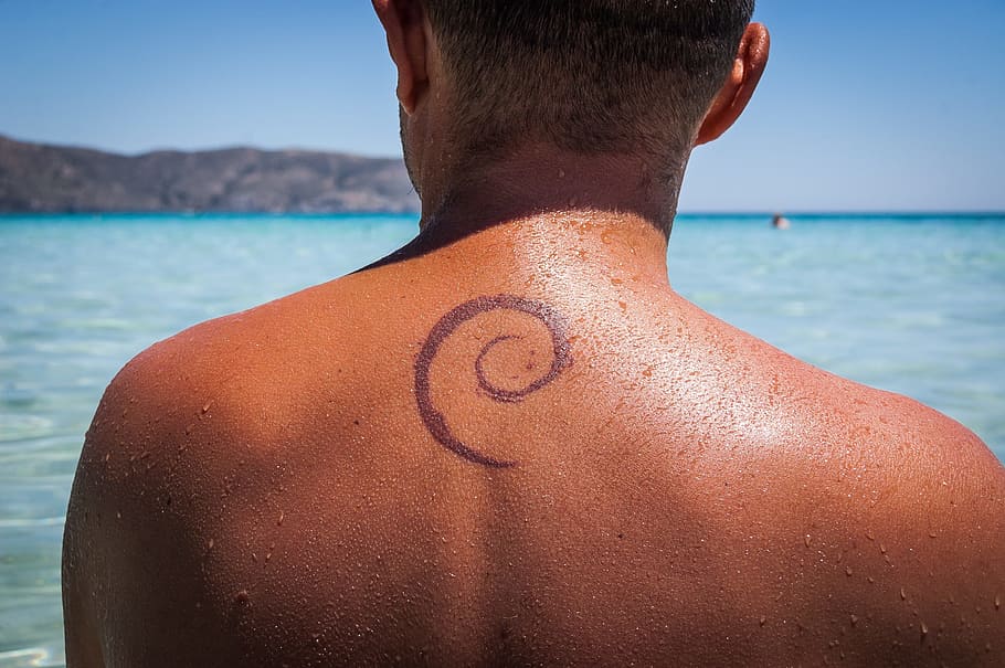 pessoa, Tatuagem, Voltar, Geek, Debian, Linux, costas, mar, vista traseira, uma pessoa