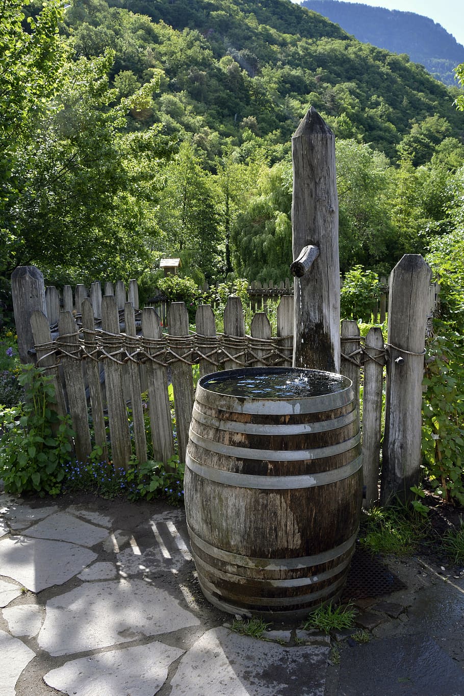 fountain, wooden barrels, garden, water tank, decoration, container, water, deco, wood, plant