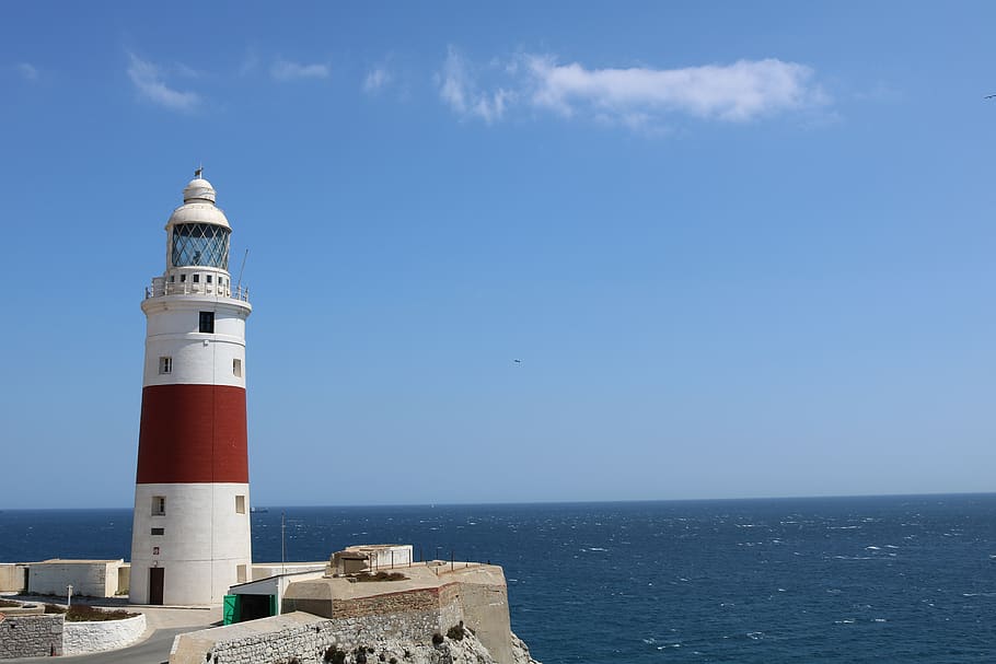 lighthouse, gibraltar, red, white, rock, cylindrical, punta europa, mediterranean, tourism, travel