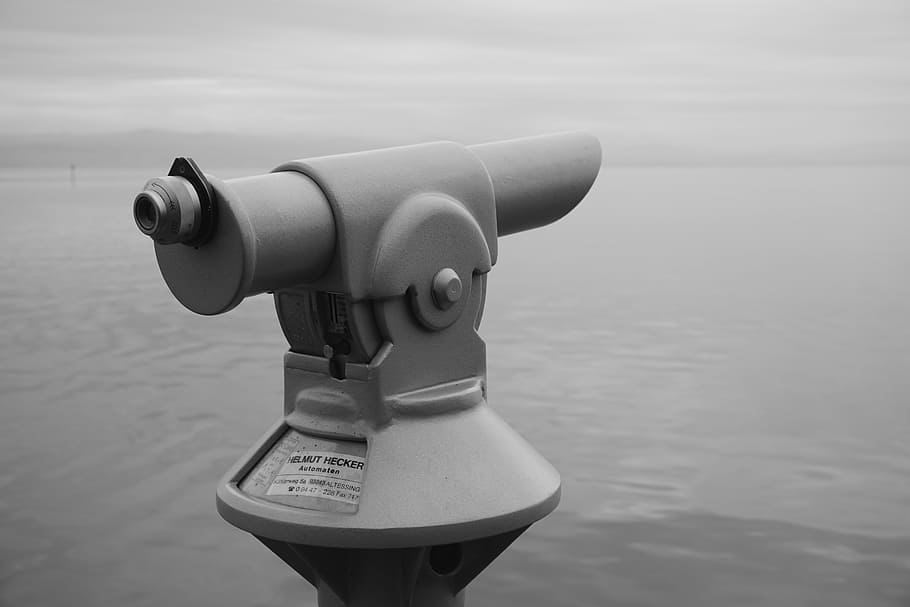 telescope, espionage, spy, see, watch, overview, lake, view, black and white, optics