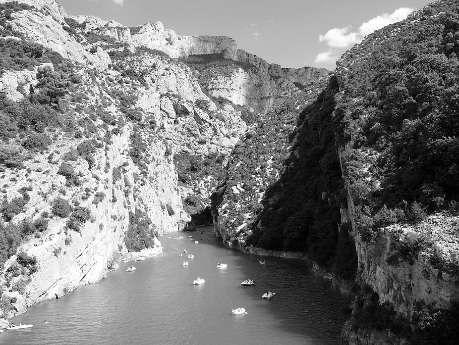 canyon, canoe, black white, river, mountains, water, rock, nature, day, beauty in nature